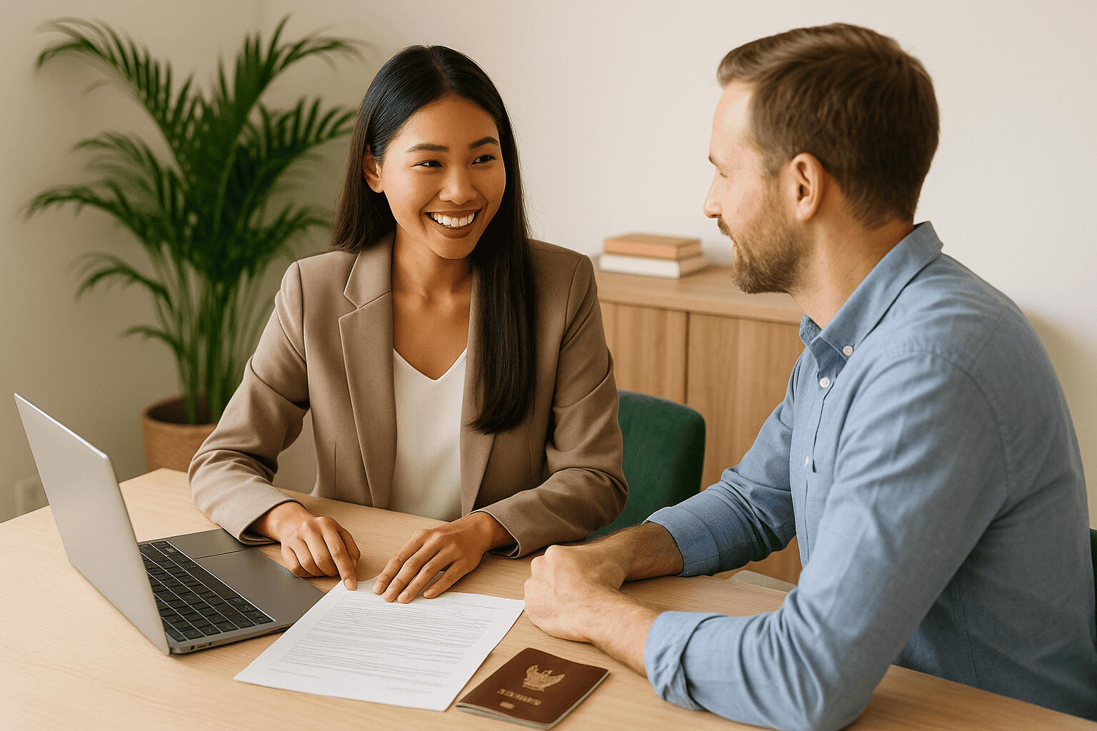vera visa agent working with a happy foreigner after providing vera visa services in chiang mai thailand