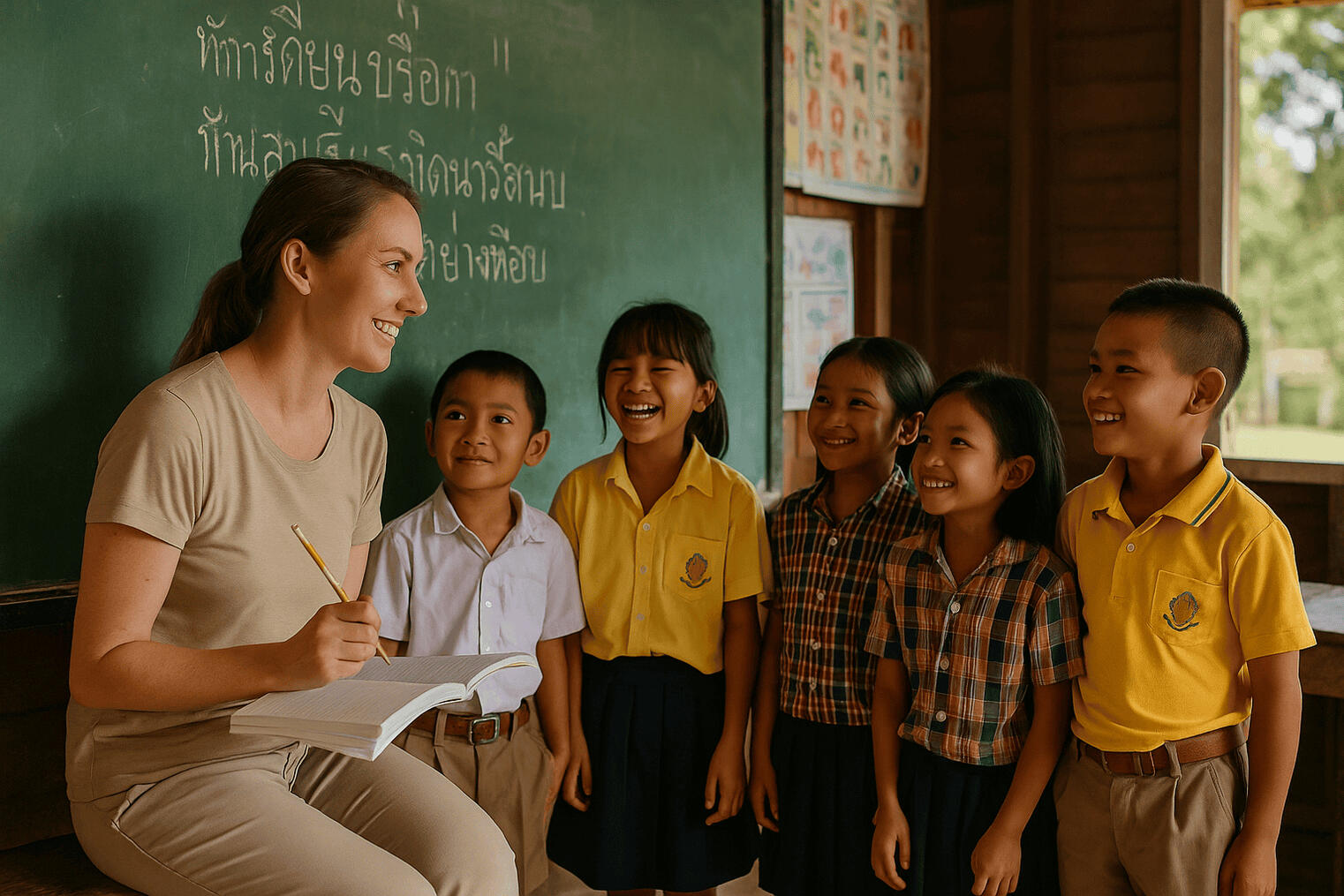foreign woman on volunteer visa in chiang mai teaching thai children english