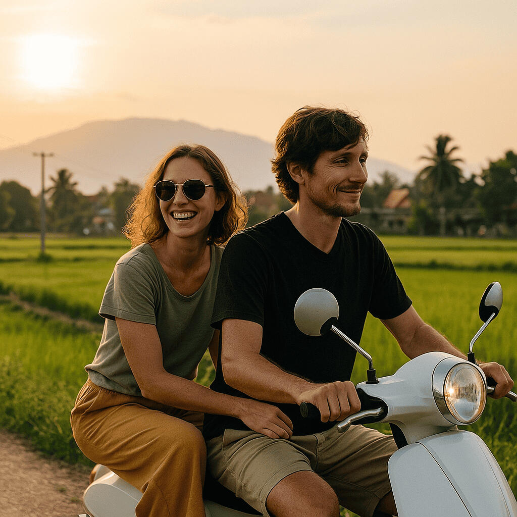 digital nomads on motorbike riding through rice paddies after getting a dtv visa in chiang mai