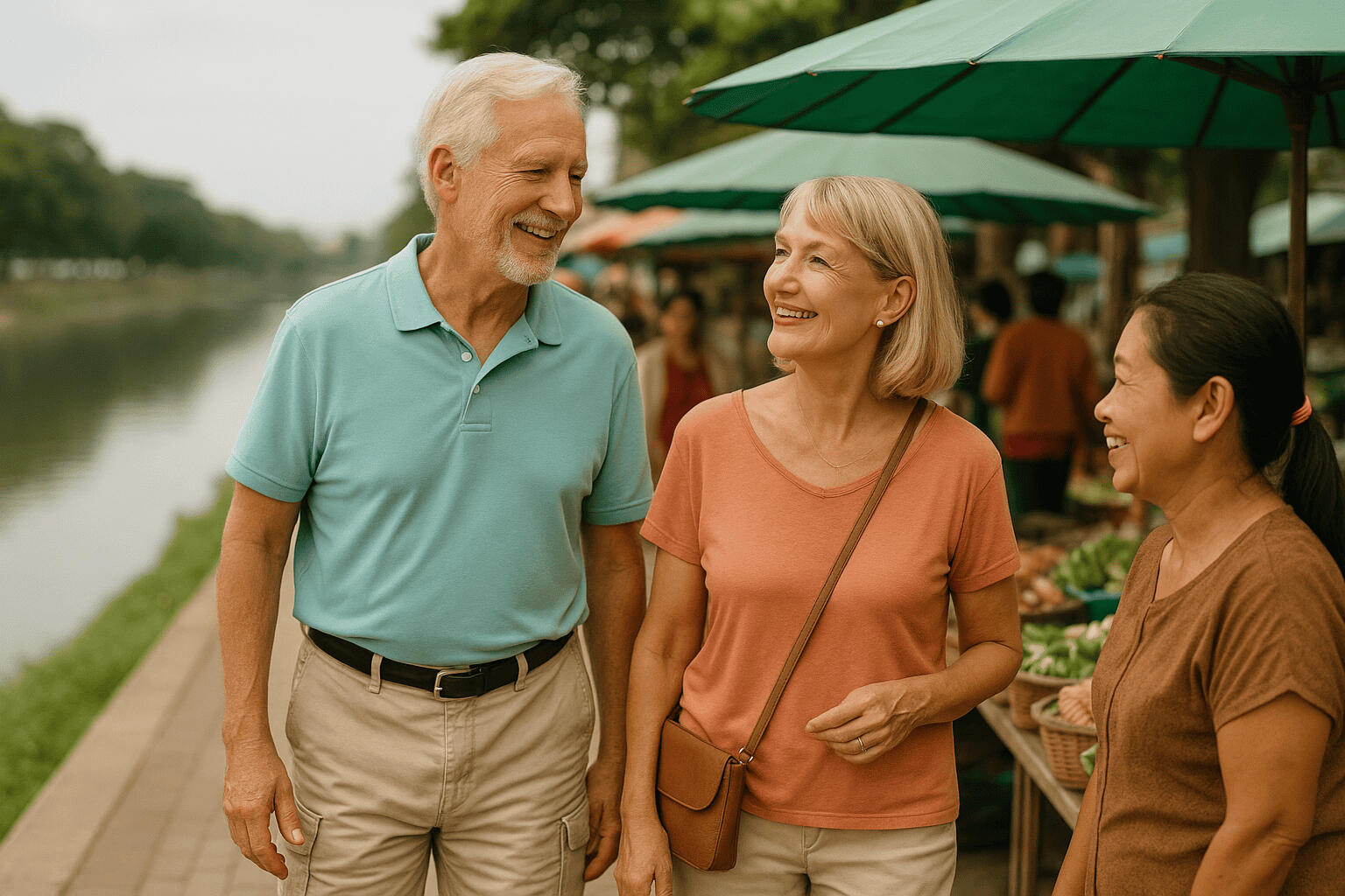 two retirees walking alongside a lake after getting a retirement visa in chiang mai two retirees walking alongside a lake after getting a retirement visa in chiang mai