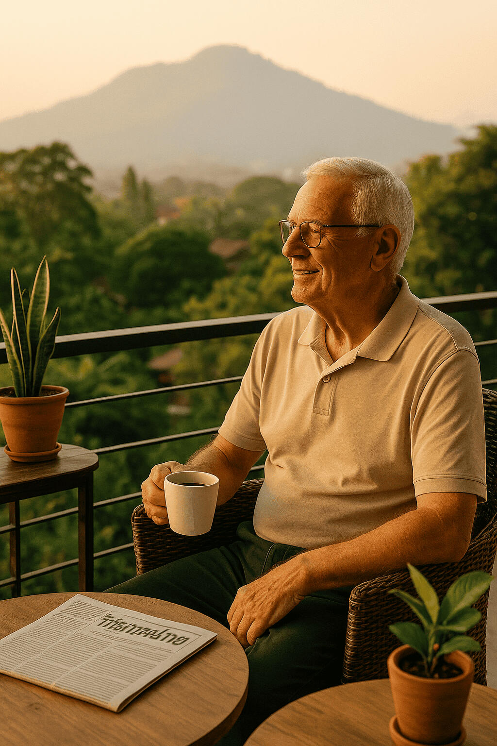 retiree enjoying his retirement visa in chiang mai with a cup of coffee retiree enjoying his retirement visa in chiang mai with a cup of coffee
